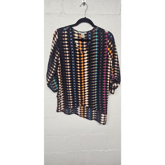 Kikit Blouse Womens Small Geometric V-Neck Roll Tab Sleeve Colorful Tunic Artsy - Picture 1 of 9